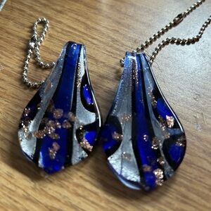 Set of 2 glass fan pulls blue, silver, gold,